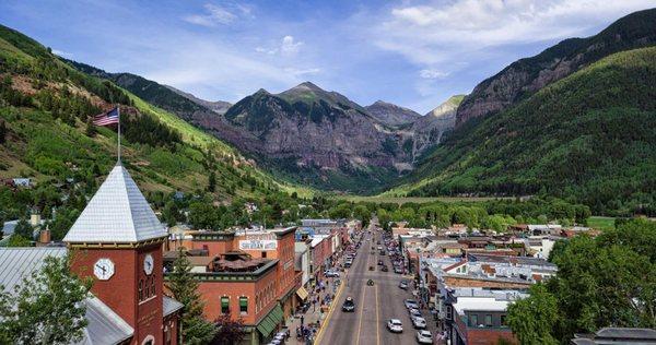 Ajax looms in the distance as seen from Telluride's Main Street