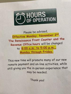 Change in office hours