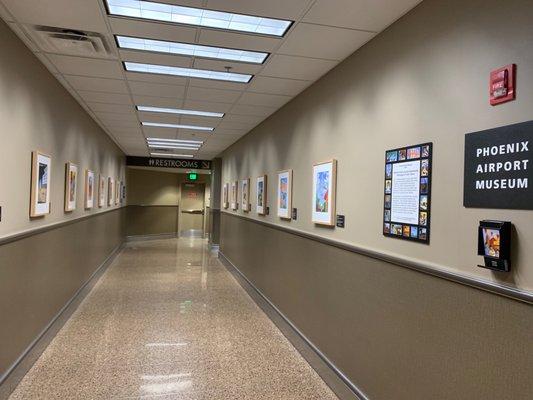 Hallway to restroom filled with art pieces