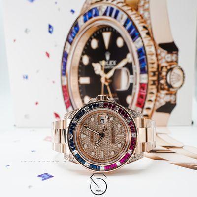 Rolex GMT-Master ll Rose Gold Diamond Pavé Baguette Bezel & Dial.