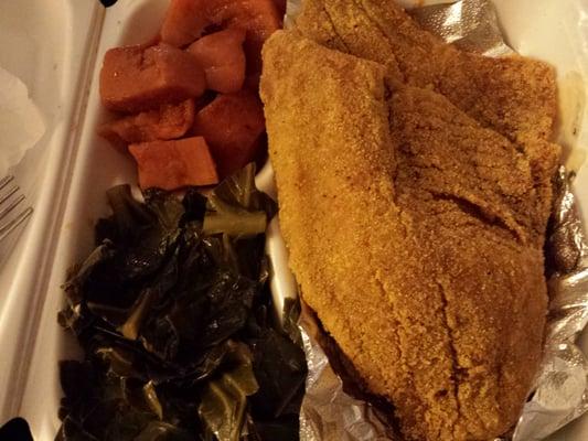 Tilapia, greens & yams