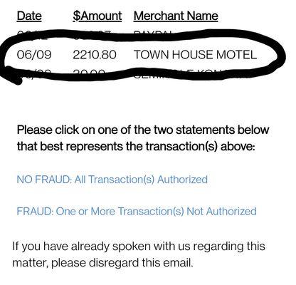 Fraudulent charge from the TownHouse Motel