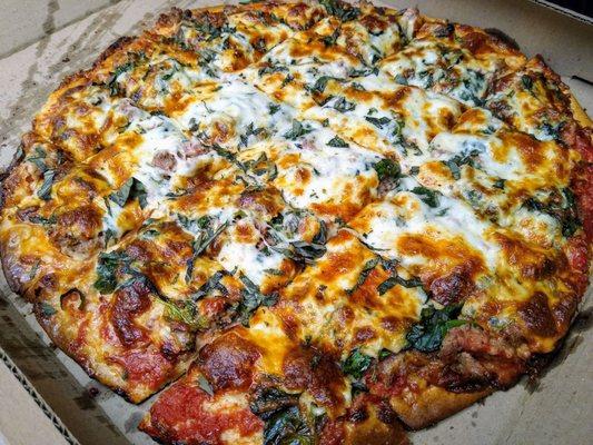 16" thin crust with Italian sausage, Italian beef, fresh basil and spinach