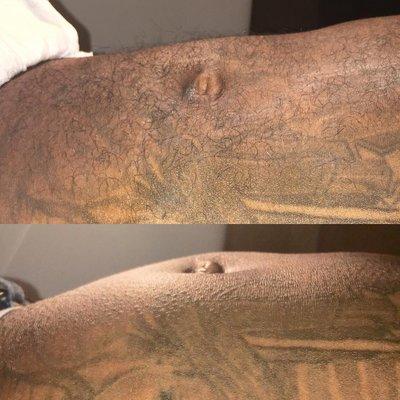 Before & after pic @nohairleftbehindllc gave a client the mobile wax experience. Even with tattoos you can still get waxed.