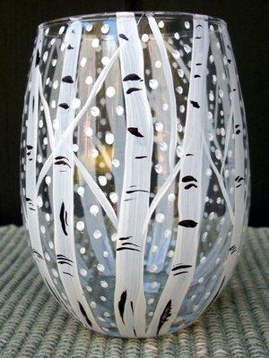 Hand-painted snowy aspen stemless wine glass