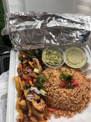 Plant based chicken fajitas with rice.