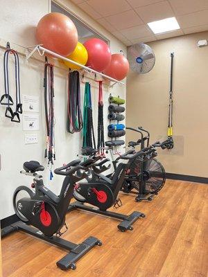 Our Studio is equipped with spin bikes, TRX, and virtual classes