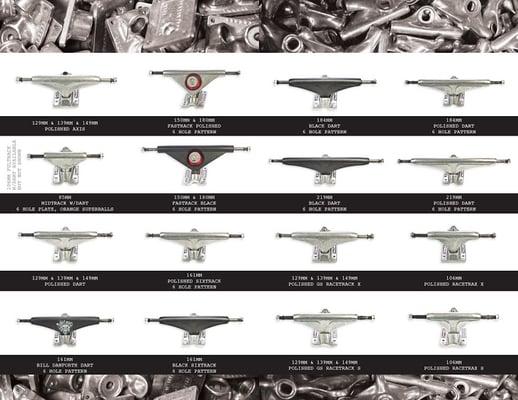 Full line up of Tracker trucks for all your skateboarding needs