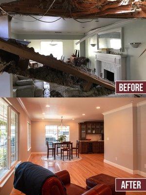 Before & after pictures from a restoration completed in northern California. A tree feel through the top of this home. No one was injured.