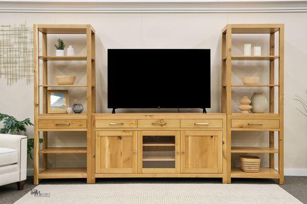 The Urban Open Entertainment Center is handcrafted from solid quartersawn oak wood. Available in custom setups and sizes!