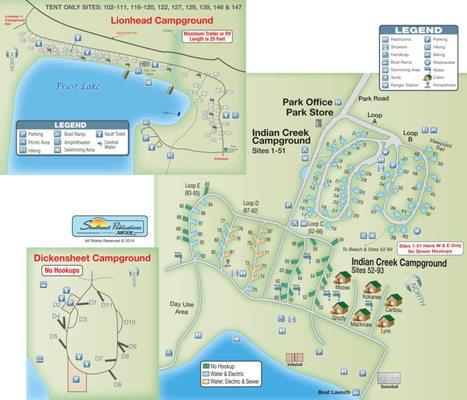 Campsite map of Indian Creek, Lion Head and Dickensheet Campgrounds.