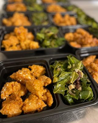 Hot honey chicken and tropical collard greens