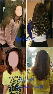 The top two pictures are my daughter the week before she went to Great Clips, the bottom are after they hacked it up.