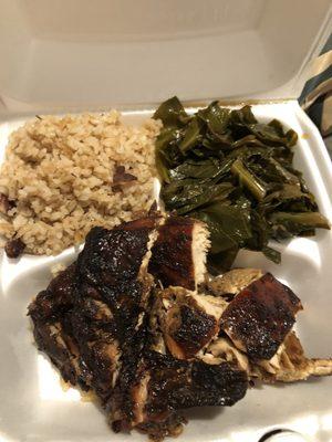 Jerk chicken, peas and rice, and collard greens.