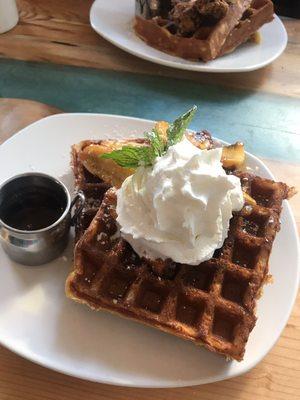 Banana waffles with rum butter.