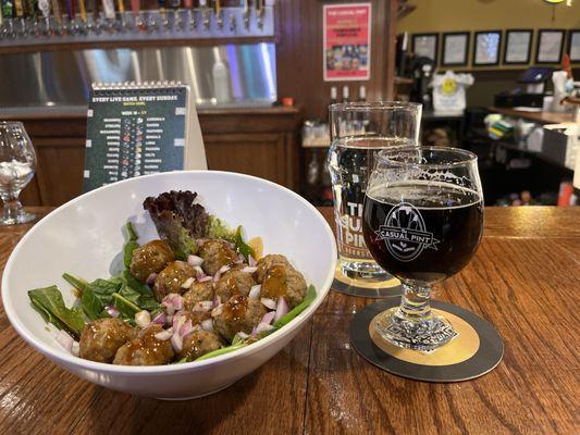 Sriracha meatballs with a Monday Night Drafty Kilt