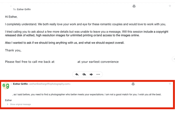 This was Esther's response to me kindly asking about her business and process. - this email came days after my effort to reach her.