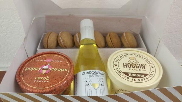 Our decadent dog quarantine survival pack includes pet wine, ice cream and Bonne Et Filou macaroons.