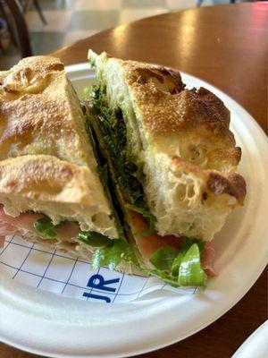 homemade focaccia sandwich - italian mozzarella, prosciutto, flavorful pesto, arugula....yum!