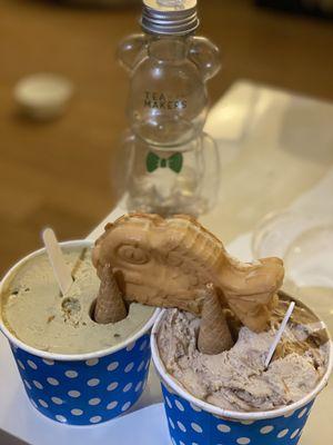 Pistachio gelato, Cappuccino Crunch gelato, Taiyaki with custard filling