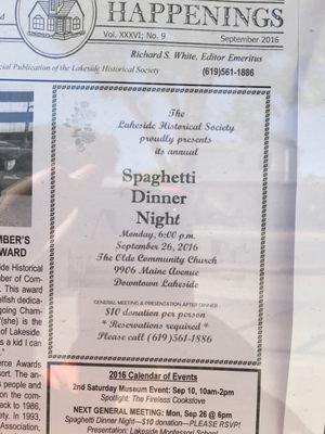 Save the date-9-26-16 @ 6pm Spaghetti Dinner $10 Reservation required 619-561-1886