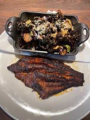 Blackened catfish paired with brussel sprouts appetizer.