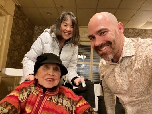 Russ, my sister, and my mom on her 95th birthday celebration.