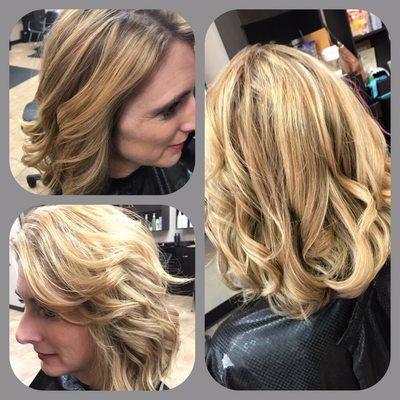 A little pick me up for spring with fresh color and hi-lights and we topped it off with a little shorter length and soft curl...