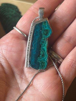 Gem chrysocolla, diamonds, silver