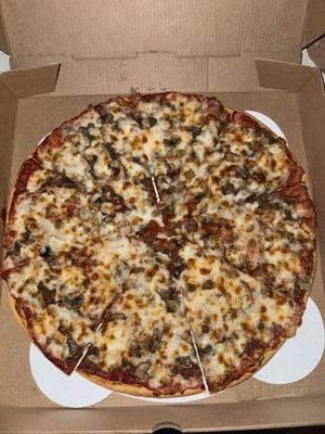 12" thin crust with hamburger, ground sausage and mushrooms.