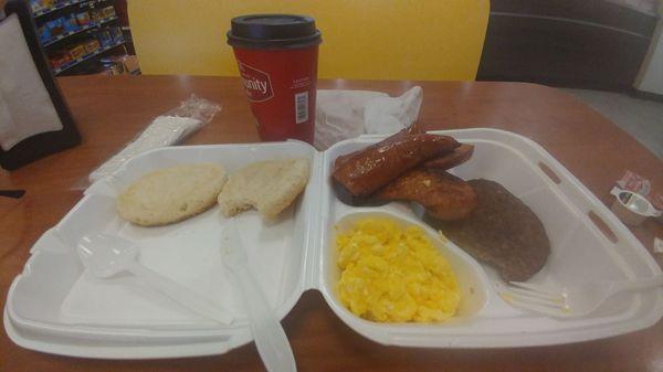 hot bar breakfast; eggs, sausage patty, smoked sausage, and biscuit. And being in Louisiana Community coffee