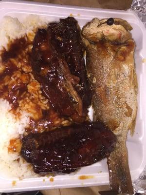 BBQ chicken and Fried Fish w/ white rice