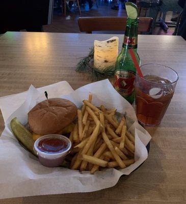 The Plain Burger, fries, sweet tea and a nice Dos XX!