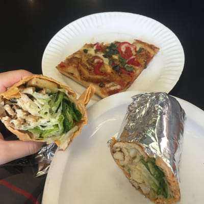 pizzaslices and chicken caesar wrap