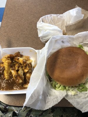 Large cheeseburger with chili cheese fries