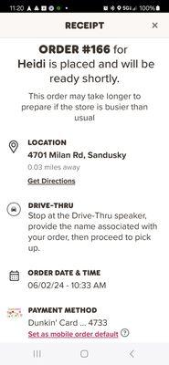 Screenshot of order and time I actually left the store
