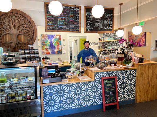 Front counter. Fresh baked scones. Desserts. Teas