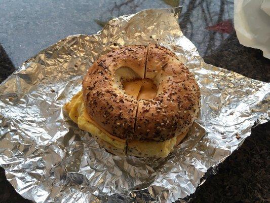 Egg and cheese on an everything bagel. Cheese not fully melted. I think it is mediocre. Would be better if I add some ketchup.