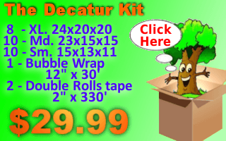 The Decatur Moving Kit includes 28 boxes, bubble wrap, and 2 double size rolls of tape for $29.99