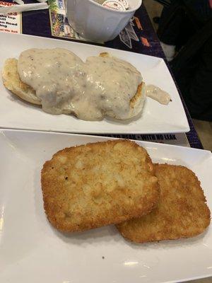 Biscuits and gravy and hash browns