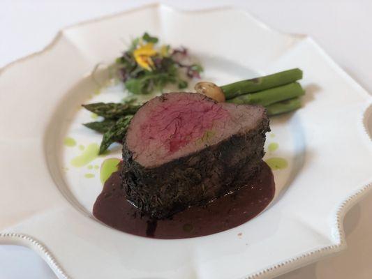 Twice roasted tenderloin, chive oil