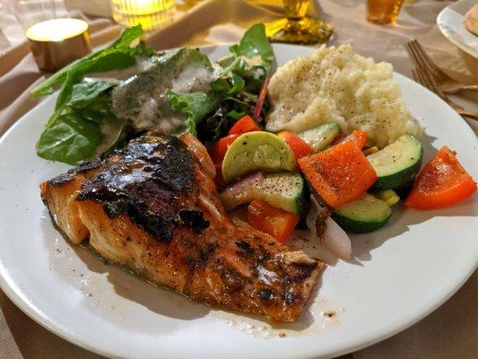 Salad, garlic mashed potatoes, veggies, salmon. Wedding reception at Ambient + Studio.