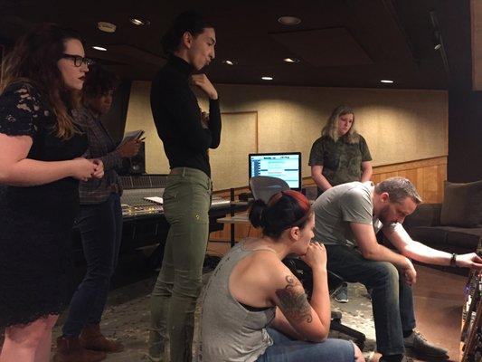 Director of Education, Doug Fenske shows Student-Producers how to really dial-in a sound during analog mixing class in Westlake Studio D