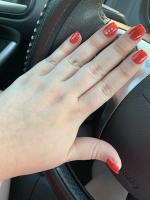 Pretty red Acrylic nails, little on the shorter side because that's how I need them for work.