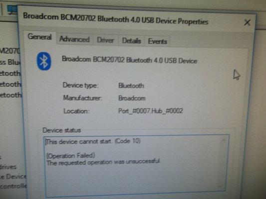 Bluetooth driver failure code 10