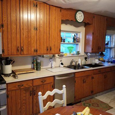 Before and after, 50 year old custom cabinets refinished, full kitchen remolding.