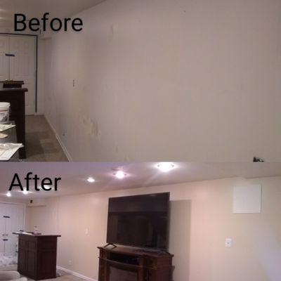 wall patched and painted beige and trim painted white. walls and treated for mildew in basement.