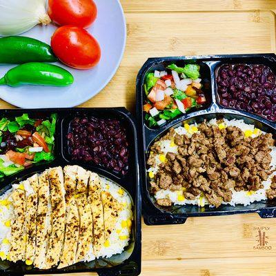 Left: Lemon Basil chicken plate
Right: Grilled Carne Asada plate.