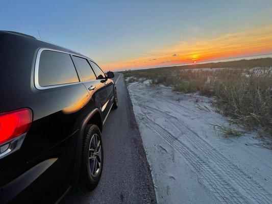 Sunset in my new 2017 Jeep Grand Cherokee Limited from Hill Kelly Dodge, ask for Gene!