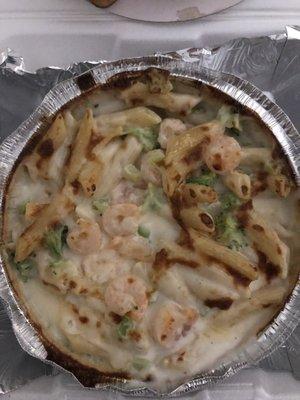 Tiny shrimp and broccoli in the shrimp Alfredo.